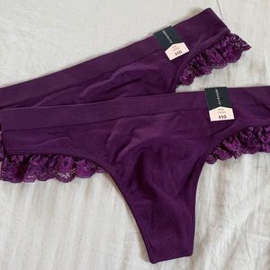 Last one size small Set of 2 thongs deep purple lace detail on hip NWT